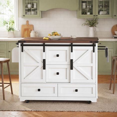 Carrello da cucina multifunzione con piano ribaltabile, 3 cassetti e 2 ante, bianco (1/5)