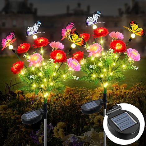 Lampe Solaire Fleurs Exterieure Jardin, 2 Pièces Lumière Solaire Fleur avec Papillon, LED Lumiere Solaire Étanche IP65, Décoration pour Jardin, Pelouse, Terrasse, Fête, Mariage