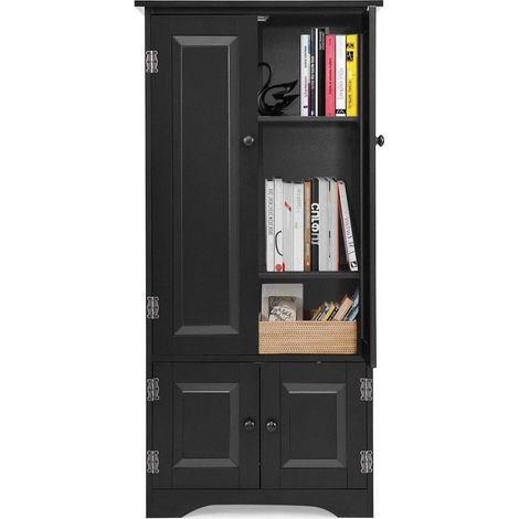 GOPLUS Meuble de Rangement sur Pieds, avec Quatre Grandes Etageres, Panneau de Stockage Reglable, Structure Simple et Retro, Porte avec Manche et Base Magnetique, pour Salon, Couloir etc. (Noir) (1/5)
