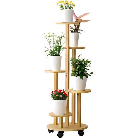 Porte Plante Interieur, Support Plantes Interieur en Bambou, 4 Roulettes, Étagère Plante 5 Niveaux Stable pour Petits Pots, pour Balcon Salon, 19 90CM (1/5)