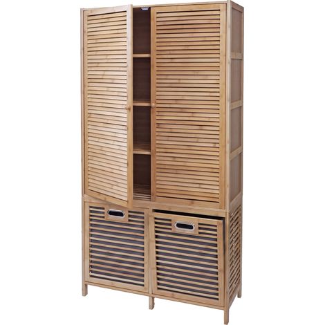 [NUNCA USADO] Armario de baño de bambú HHG-595, armario con estantes para el baño, 2 cestas para la ropa, puertas MVG, 168 x 82 x 34 cm, color natural, cesta gris (1/5)