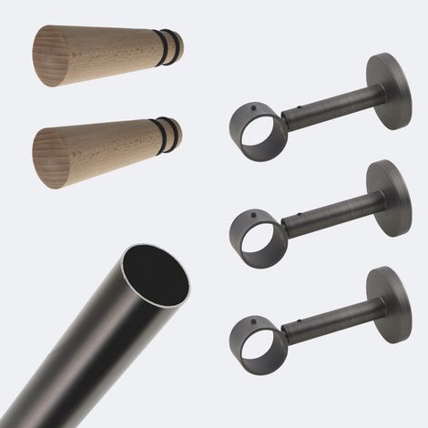 Kit de tringle à rideaux Carbone 250cm Diam.28mm Embout Cône Bois - Fixation Mur - Boulet (1/3)