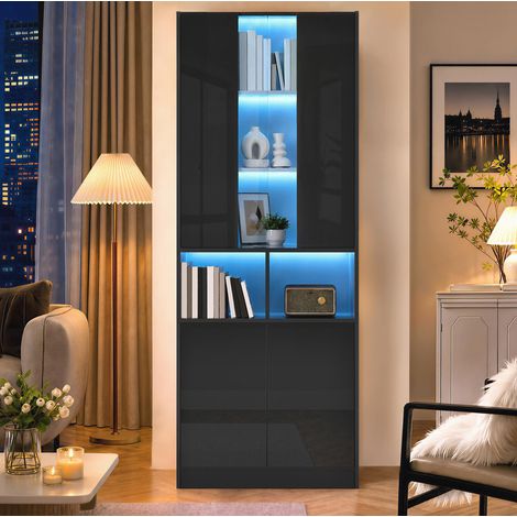 Armadio alto 70x35x180 cm con LED controllabile tramite app, anta in acrilico, MDF - nero (1/5)