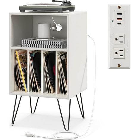 COSTWAY Supporto per Giradischi, Porta Vinili con 5 Scomparti di Archiviazione, Presa di Corrente e Porta USB e TYPEC, per Soggiorno, Camera da Letto e Ufficio, 48 x 40 x 88 cm (Bianco)