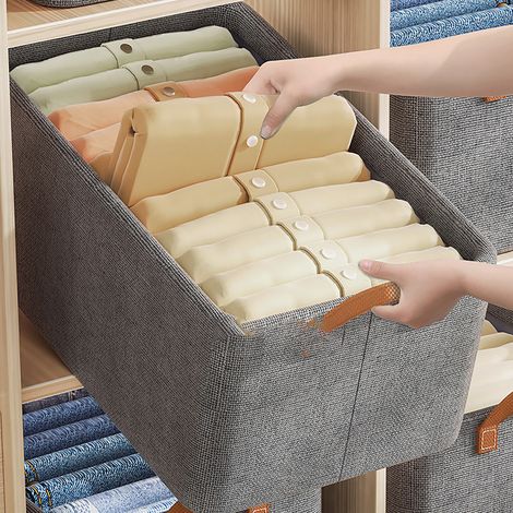 Clothes Organizer Foldable Galvanized Steel Frame Carrying Design Thicken Fabric Cloth Storage Bins for Shelves Closet Utility Room Grey