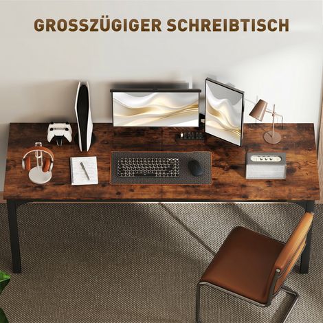 Bureau d'étude en bois brun, table d'ordinateur design rustique, grande surface de travail, panneau de particules, espace spacieux pour télétravail (1/5)