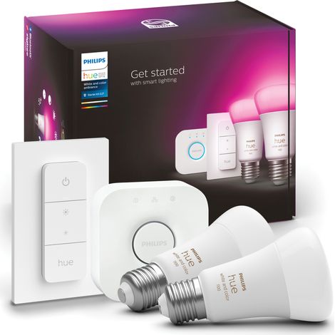 Philips Hue Kit de démarrage E27 Ampoules Standard Dépolie (1100 lm) Lumière blanche et colorée - Comprend 2 lampes White and Color Ambiance, 1 Bridge, 1 Variateur de lumière (1/5)
