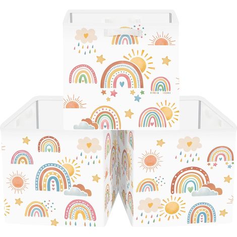 Lot de 3 Boite Rangement Tissu Arc-en-ciel Bohème Cube de Rangement Pliable Adolescent Panier pour Salle de Bain,Soleil,30x30x30 cm (1/5)