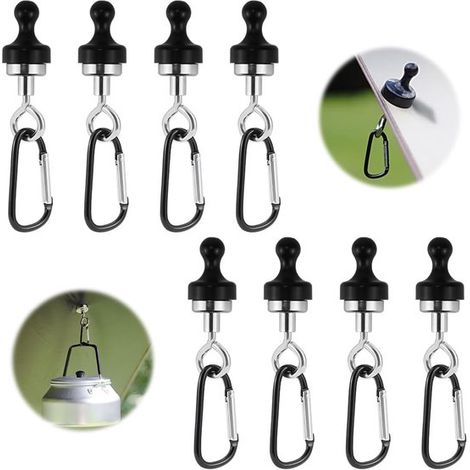 Lot de 8 crochets de camping magnétiques en néodyme, puissants et sans perçage, en aluminium, pour tente, caravane, cuisine et bureau, noir (1/5)