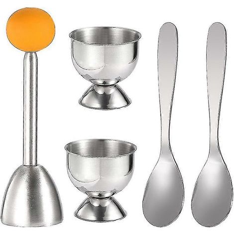 Ensemble de séparateurs pour œufs à la coque et œufs durs : 2 coquetiers, 2 cuillères en métal et 1 œuf à la coque. (1/5)