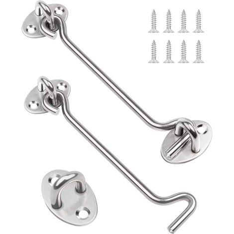 2 crochets de porte Divers accessoire de portail, acier inoxydable, 150 mm, type cottage, avec œillet de verrouillage, pour porte en bois et fenêtre (1/5)