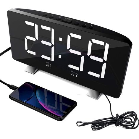 Radio-réveil pour Chambre à Coucher avec Deux Ports Charge USB 4 Modes Gradation Écran LED 7,3 '' Mode 12/24 Heures Fonction Snooze Blanc