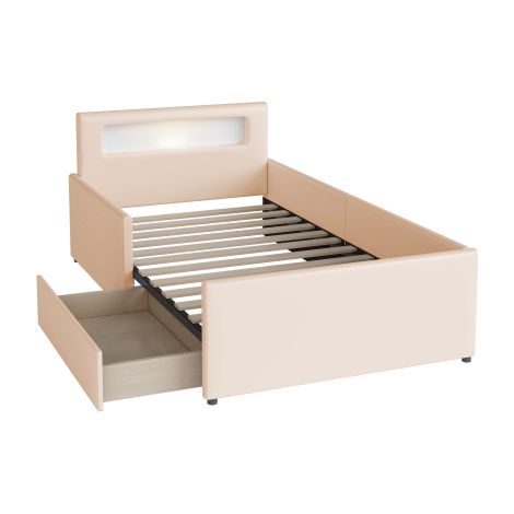 Lit enfant rembourré 90x200 beige simili cuir veilleuse USB rangement (1/5)
