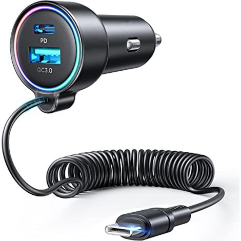 90W USB-C Car Charger for iPhone 17/16 Pro Max, PD & QC3.0 w/ 5ft 45W Coiled Cable, Samsung Galaxy S25/S24/S23, Pixel 10/LG/Android, iPad (1/5)