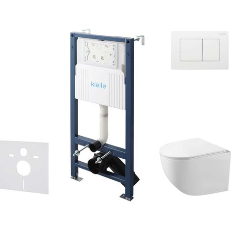kielle Genesis New - Conjunto de instalación empotrada, inodoro compacto Gaia, Rimless, asiento softclose y pulsador Gemini New III, blanco brillante 30528SS88
