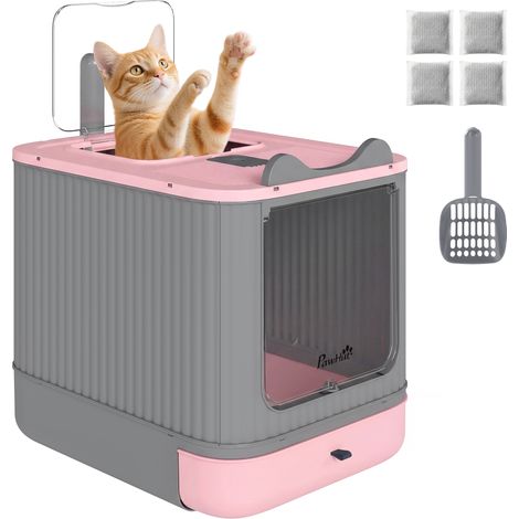 PawHut arenero para gatos cubierto M, caja de arena para gatos medianos, arenero con tapa abatible, salida superior, pala, bolsas desodorantes, rosa (1/5)