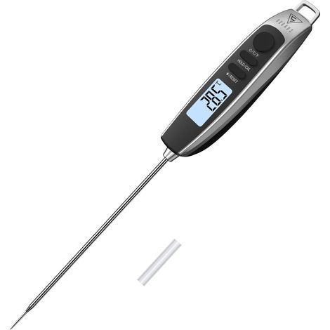Thermometre Cuisine à Lecture Instantanée 3s, Sonde Longue (Argent) Écran LCD Rétro Éclairage, Étalonnable, Arrêt Automatique, Verrouillage Température pour Grillade, Friture (1/5)