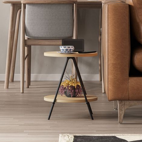 Decortie Table d’appoint Essel chêne, table ronde style industriel avec étagère ouverte et pieds métal noir, parfaite pour le salon (1/4)