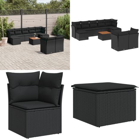 Salon de jardin 10 pcs avec coussins noir résine tressée - Salon De Jardin - Mobilier Extérieur - Set Salon De Jardin - Résine Tressée - Rotin Synthétique - Home & Living (1/5)