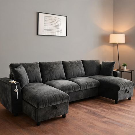Sofa en velours côtelé gris 3 places lit escamotable en chenille (1/5)