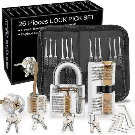 Kit de crochetage de serrures, kit de crochetage de 26 pièces, outil d'entraînement avec 4 serrures transparentes (1/5)