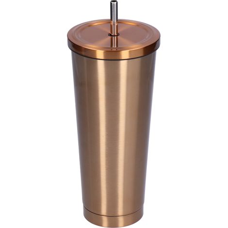 Gobelet isotherme 700 ml en acier inoxydable, double paroi, avec paille, pour la maison et le bureau, couleur or. (1/5)