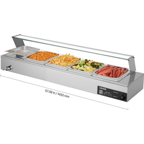 VEVOR Scaldavivande Commerciale con Coperchio in Vetro e 5 Contenitori Scaldavivande da 1500 W in Acciaio Inossidabile, Contenitori per Buffet, per Alimenti a Bagnomaria per Ristoranti, Feste