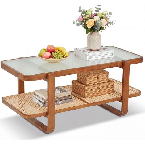 COSTWAY Tavolino Salotto in Vetro Temperato e Legno 105 x 50,5 x 45 cm (1/5)