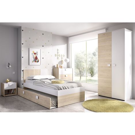 DEKIT GRUPO RIMOBEL DINA PACK - CONJUNTO DE CAMA 190X90 CON ARRASTRE, MESITA DE NOCHE, COMODA DE 3 CAJONES Y ARMARIO - NATURAL / BLANCO (1/5)