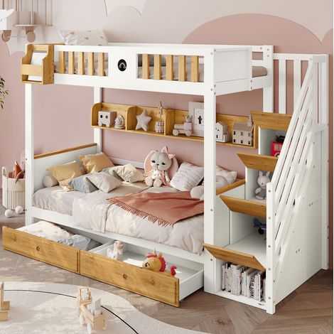 Lit superposé enfant avec escalier de rangement, pin massif et MDF blanc+naturel 90x200 cm avec tiroirs et tableau (1/5)