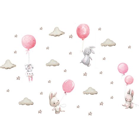 1 Sticker mural, Montgolfière rose, Lapin aquarelle, Décoration chambre enfant, Salon, Crèche (1/5)