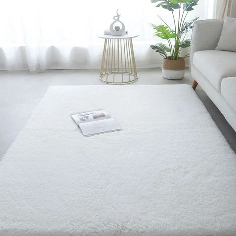 Tapis De Salon Shaggy Uni Descente lit Doux Poils Longs pour Chambre Canapé 140 X 200cm 140 X 200cm Blanc (1/4)