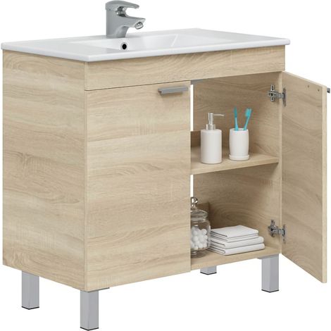 Mobile Sottolavabo Massiola, 2 Ante, Apertura Battente, Piedini Alluminio, 80x45x80h cm Marrone Rovere