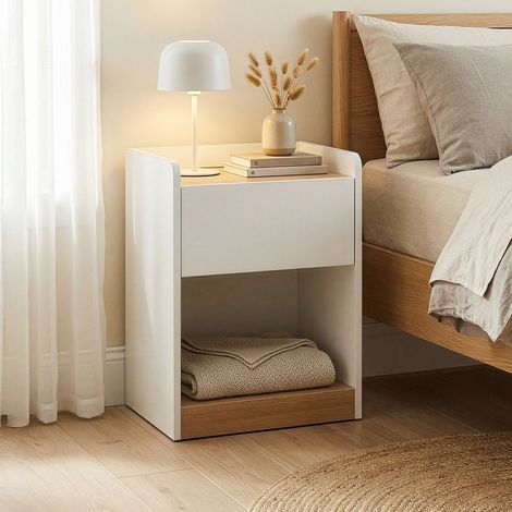 Comodino Kuorshare Mobiletto Laterale con Cassetto e Vano Aperto 55 x 42 x 37 cm - Bianco/Effetto Rovere [en.casa]