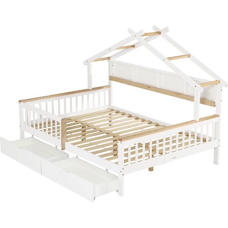 Kinderhausbett 140x200 cm aus Kiefer und MDF mit Schutzgitter, 2 Schubladen und Dach, Weiß/Natur (1/5)