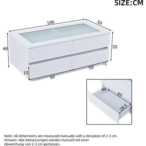 Table basse lumineuse blanche 100x50x40 cm, 4 tiroirs, LED intégré, plateau verre trempé, façades brillantes. Meuble de salon résistant en bois aggloméré, charge max 35 kg. (1/5)