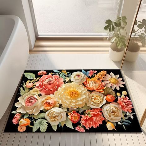 Tapis de bain antidérapant et absorbant en microfibre de terre de diatomées, doux et à séchage rapide, 50 x 80 cm, motif fleurs colorées (1/5)