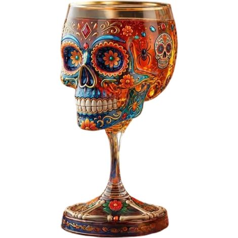 Verre à vin collector Day of the Dead – Verre à vin en édition limitée, verre à vin en forme de tête de mort, verre à vin fait à la main avec squelette floral pour la maison, le bar et la décoration (1/5)