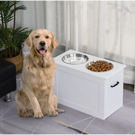 Soporte para comederos de perro 60x30x41 cm de DMF y acero Blanco FloraGrace (1/5)