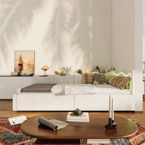 Lit Coffre 90x200 cm, Lit enfant avec Tête de Lit Rembourrée, LED, sommier à lattes, velours - blanc cassé (1/5)