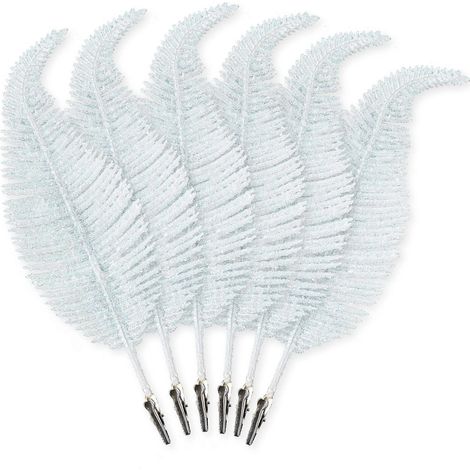6 Stück weiße Glitzer-Weihnachtsfedern, 22 cm, Federn zum Aufstecken, Ornamente, Weihnachtsbaumschmuck, glitzernde Ornamente, Weihnachts-Heimdekoration (weiß) (1/5)