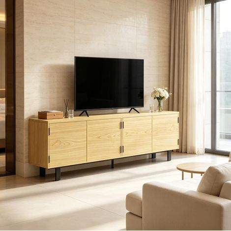 Mobile TV 180 cm per TV fino a 82 pollici, 4 ante push-to-open, effetto legno naturale DESVIAE (1/5)