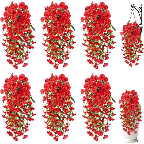 Lot de 6 fleurs artificielles suspendues – En soie avec feuilles d'eucalyptus – Rouge – Résistantes UV – Décoration terrasse, jardin, véranda (1/5)