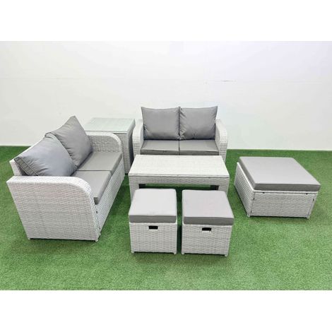 Fimous 7 Seater Outdoor Love Sofa Set Rattan Garden Furniture Set with Oblong Coffee Table 3 Footstool Side Table Light Grey (1/4)