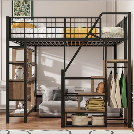 Letto a soppalco per bambini 140x200 cm, con scala contenitore e vani, in metallo e legno, nero, senza materasso (1/5)