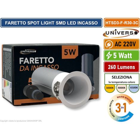UNIVERSO HTSD3-F-R30-3C FARO FARETTO LED PUNTO LUCE SPOT LIGHT ROTONDO COLORE BIANCO ARGENTO DA INCASSO 5W CCT SWITCH IP20 (1/5)