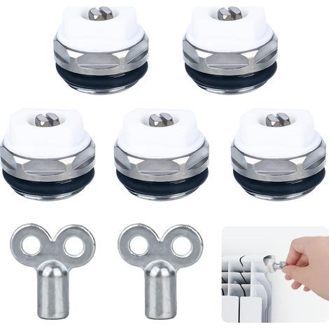 5 Clés de purge pour radiateur avec 2 clés de purge de 1/2 pouce, en laiton nickelé, pour radiateur, vanne de purge manuelle, vanne de radiateur, clé de purge pour radiateur avec tête en plastique (1/5)
