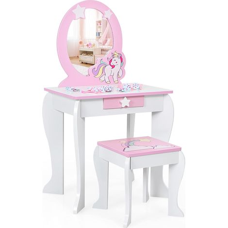 COSTWAY Coiffeuse pour Enfant Table de Maquillage avec Tabouret, Miroir Détachable et 1 Tiroir de Rangement Style Princesse Blanc (1/5)