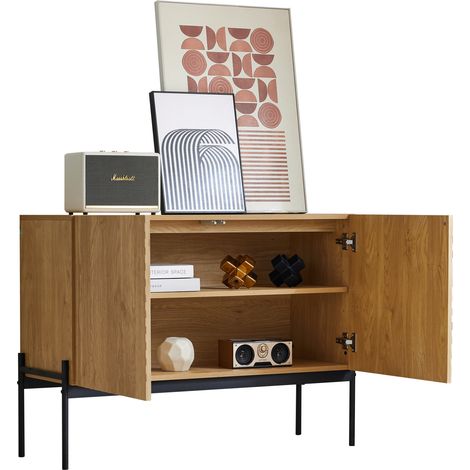 Buffet 2 portes au design lignes, avec étagère réglable, piètement métal et panneau de particules, coloris naturel, pour salon ou salle à manger  CHICFURN (1/5)