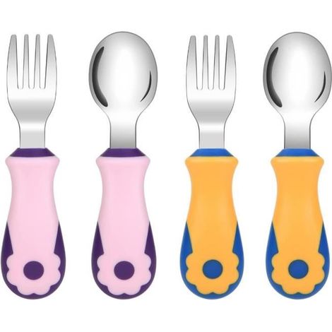 Ensemble De Cuillères à Fourchette pour Bébé,4pcs Fourchette Et Cuillère Enfant Prise Facile Acier Inoxydable Tout-Petit (1/4)